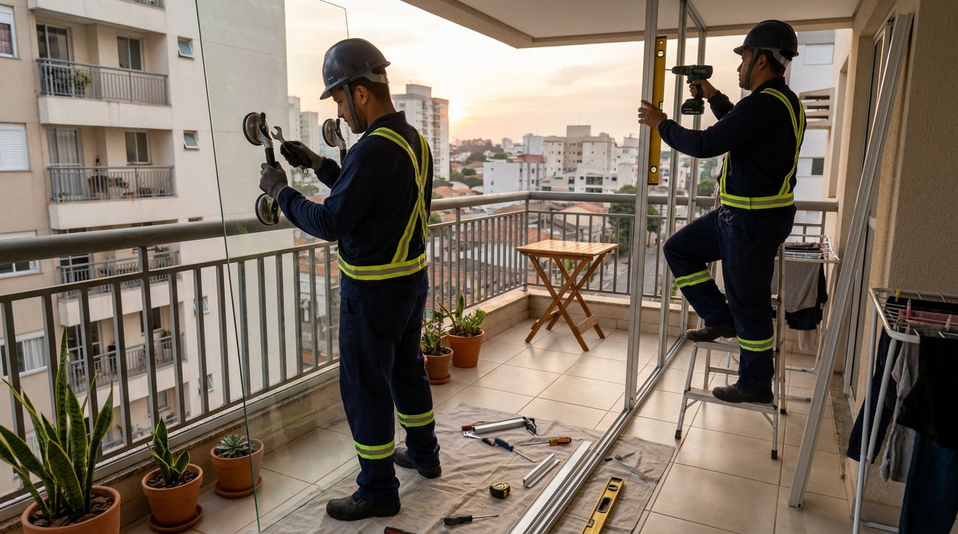 Instalação de parede de vidro em sacada em Montes Claros-MG