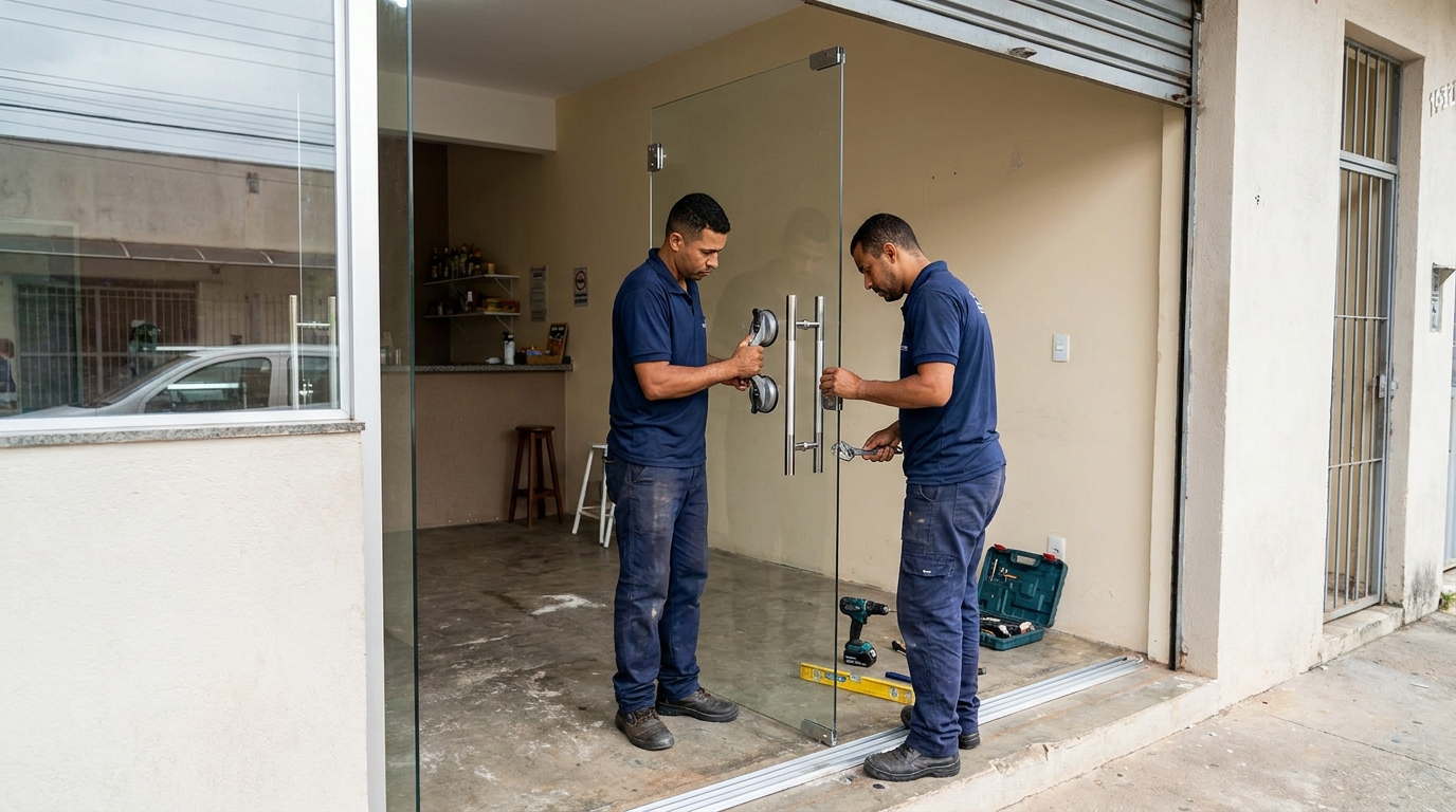Dupla instalando porta de vidro em loja em Montes Claros-MG